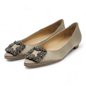Manolo Blahnik Hangisiflat Jewel Buckle Flat Pumps Satin Champagne 36 5.5 $1095